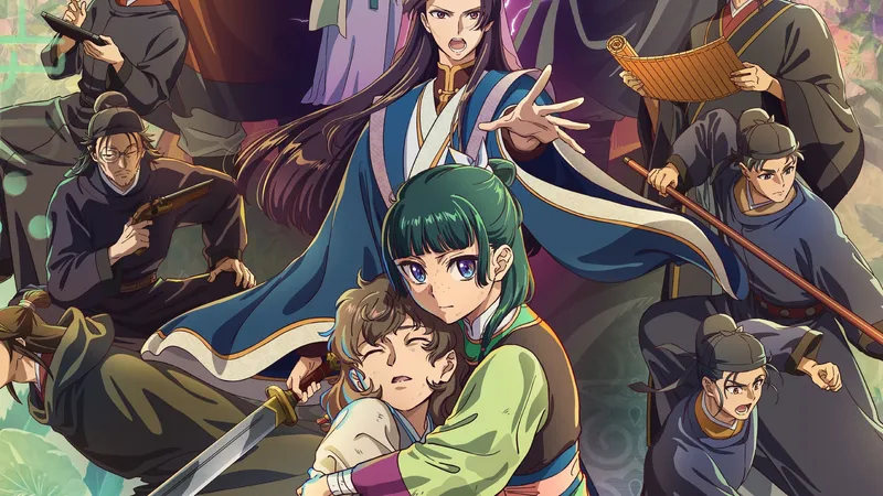 Maomao abraçando um menino na arte oficial do filme Bouhi no Hihou, com Jinshi atrás dela e outros personagens em volta