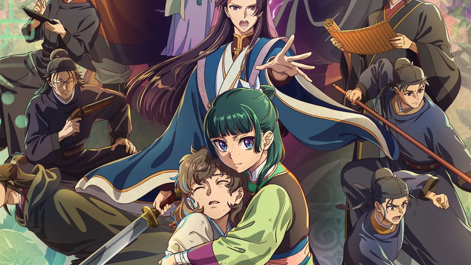 Maomao abraçando um menino na arte oficial do filme Bouhi no Hihou, com Jinshi atrás dela e outros personagens em volta