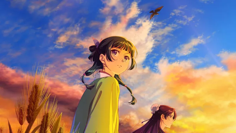 Maomao olhando para trás num campo de trigo, sob um céu azul e alaranjado, com Jinshi de perfil no canto, em arte oficial da 3ª temporada
