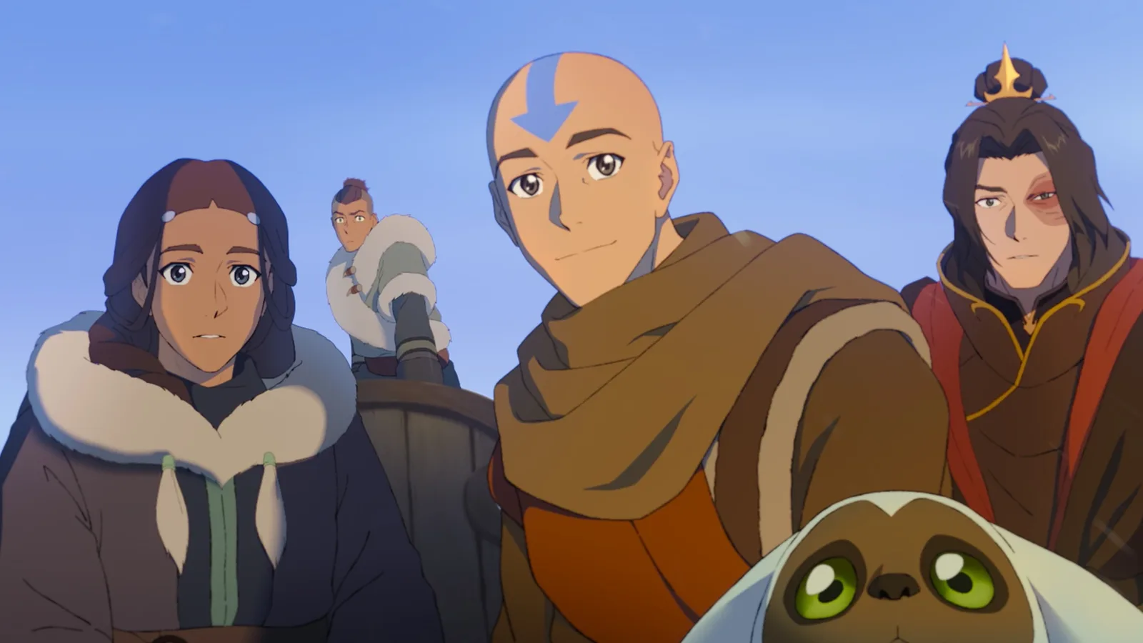 Cena oficial do filme Avatar Aang: O Último Mestre do Ar: Katara, Sokka, Aang e Zuko mais velhos, lado a lado, com o Appa embaixo, olhando para a frente