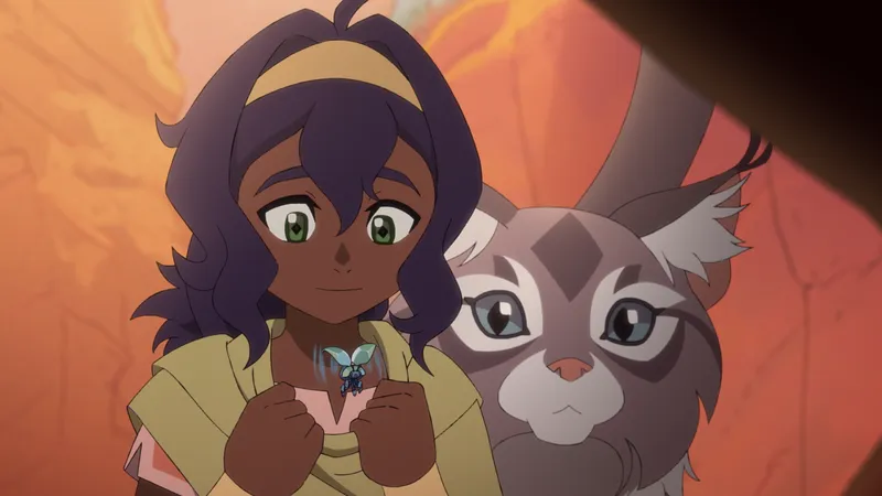 Pavi, a nova Avatar, com um gato-macaco ao lado, em cena oficial de Avatar: Os Sete Refúgios