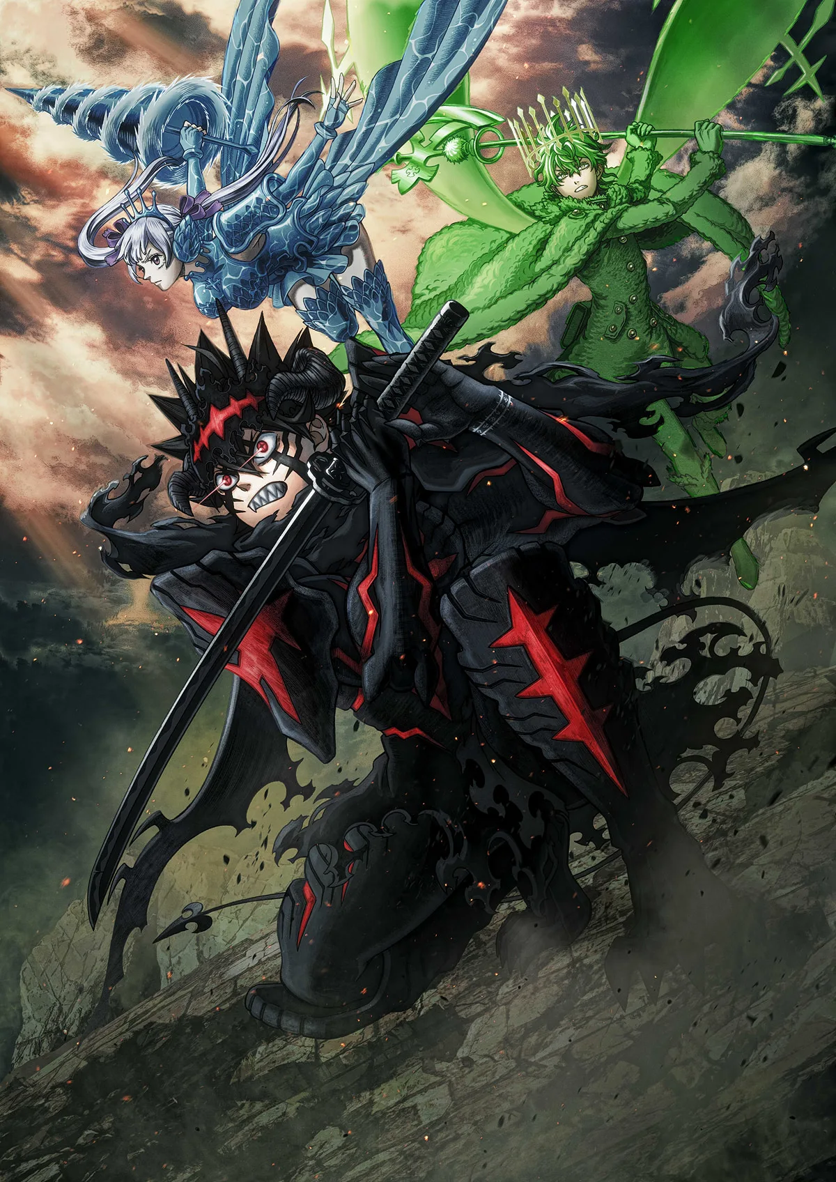 Arte oficial da 2ª temporada de Black Clover com Asta de armadura negra e espada, e Noelle e Yuno com armaduras mágicas atrás dele