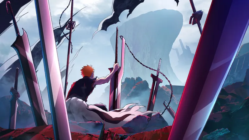 Ichigo de costas, segurando uma espada fincada no chão, cercado de espadas gigantes num campo de batalha sob um céu nublado, em arte oficial da parte final de Bleach: Thousand-Year Blood War