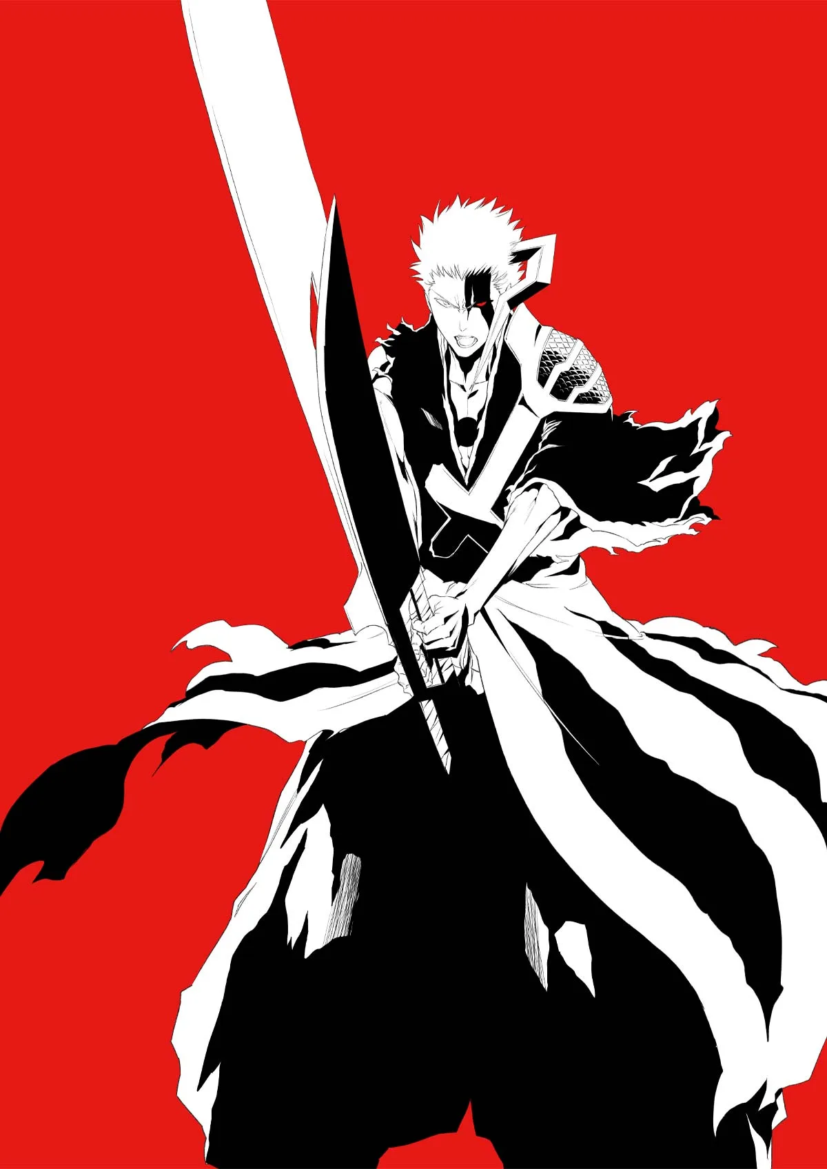 Ichigo em preto e branco segurando a espada com as duas mãos, sobre fundo vermelho, em arte oficial de Bleach: Thousand-Year Blood War