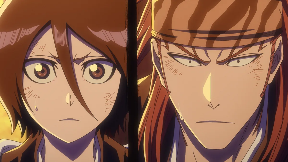 Rukia e Renji lado a lado, com olhar sério, em cena oficial do episódio 44 de Bleach: Thousand-Year Blood War