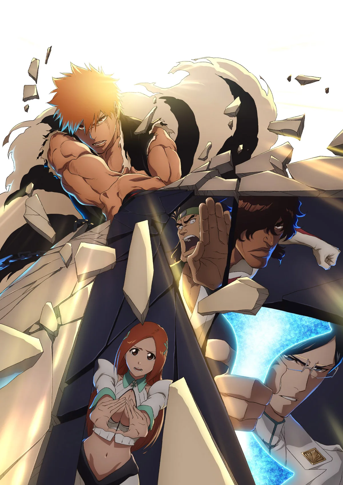 Ichigo, Chad, Orihime e Uryu em arte oficial da parte final de Bleach: Thousand-Year Blood War, entre pedaços de pedra que voam