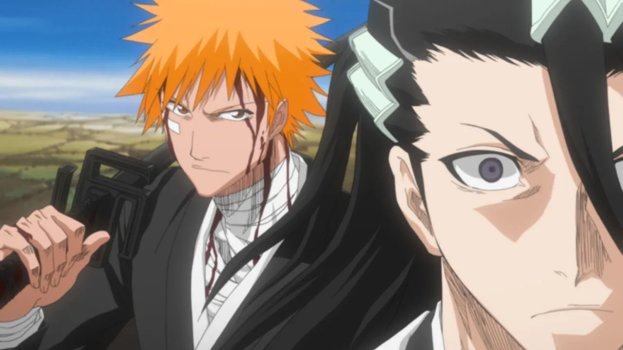 Ichigo Kurosaki e Byakuya Kuchiki lado a lado, com expressão séria, em imagem oficial do arco da Sociedade das Almas de Bleach