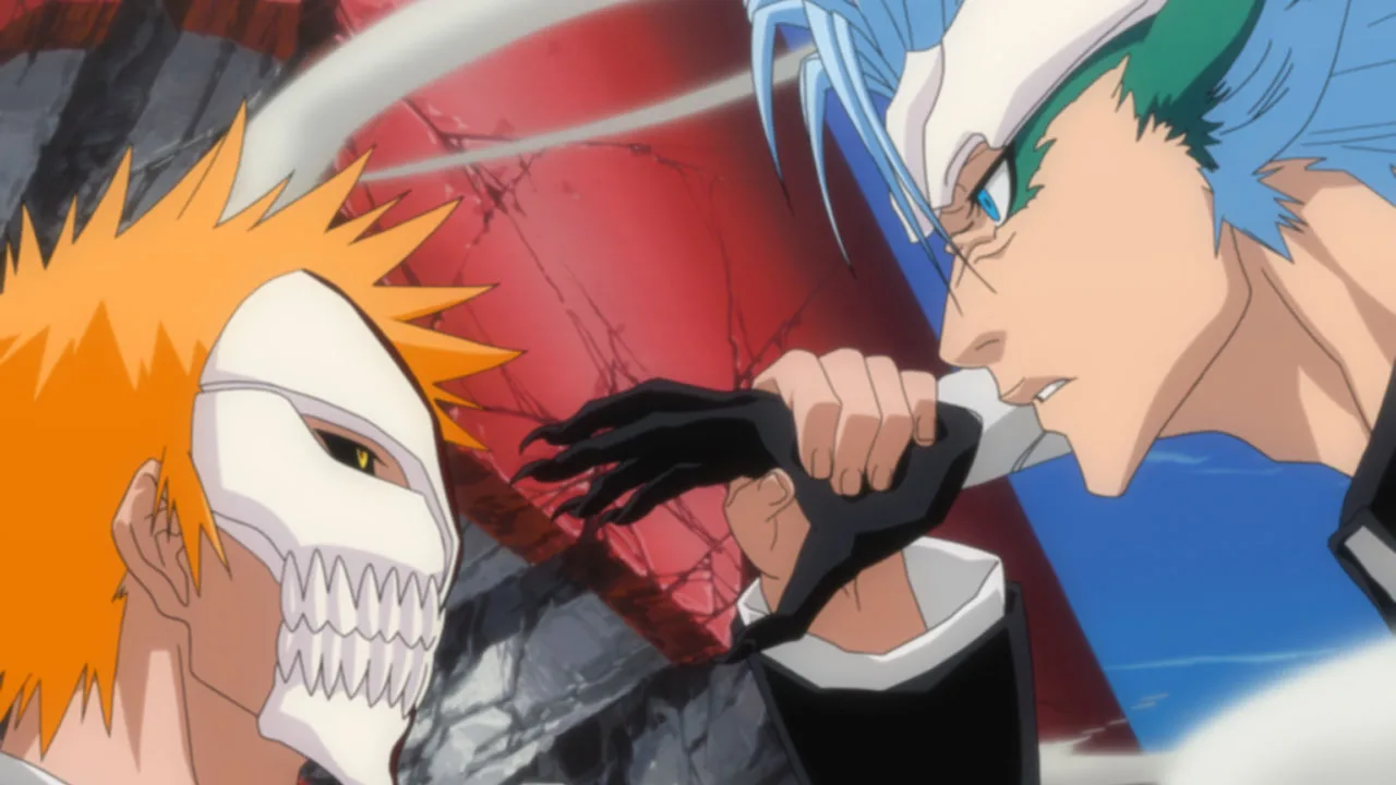 Ichigo com a máscara de Hollow encarando Grimmjow, de cabelo azul, em imagem oficial do arco Arrancar de Bleach