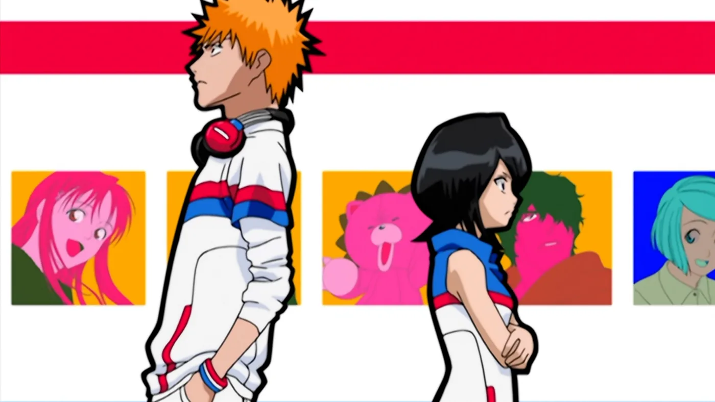 Ilustração oficial de Ichigo e Rukia de costas um para o outro, com Orihime, Chad, Uryu e outros personagens em quadros coloridos ao fundo