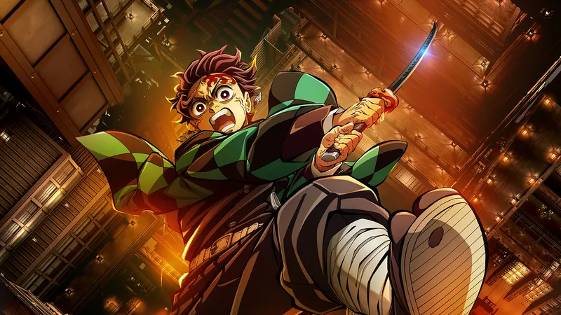 Visual oficial de Demon Slayer: Castelo Infinito: Tanjiro salta com a espada em punho entre os corredores iluminados do Castelo Infinito