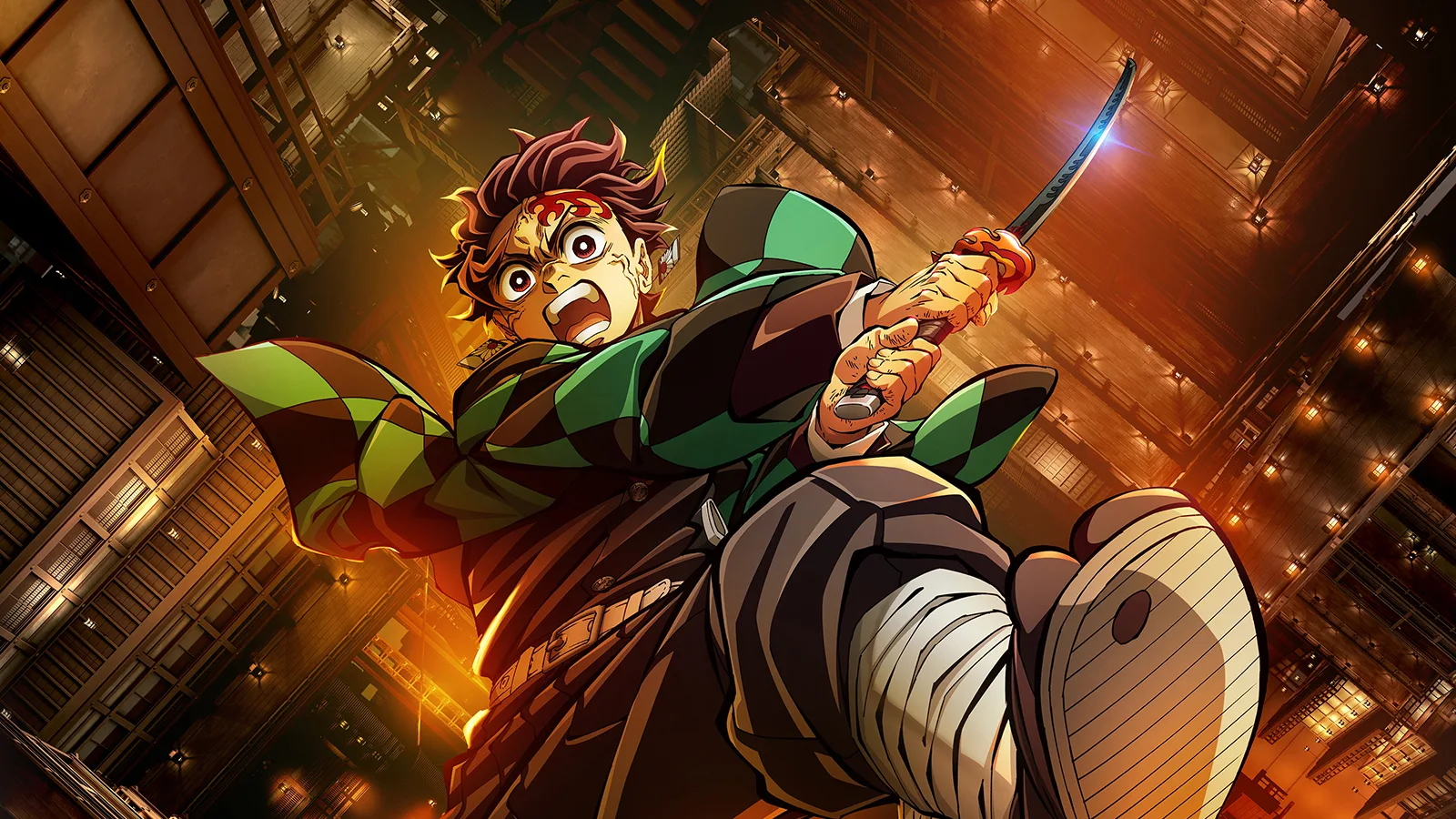 Visual oficial de Demon Slayer: Castelo Infinito: Tanjiro salta com a espada em punho entre os corredores iluminados do Castelo Infinito