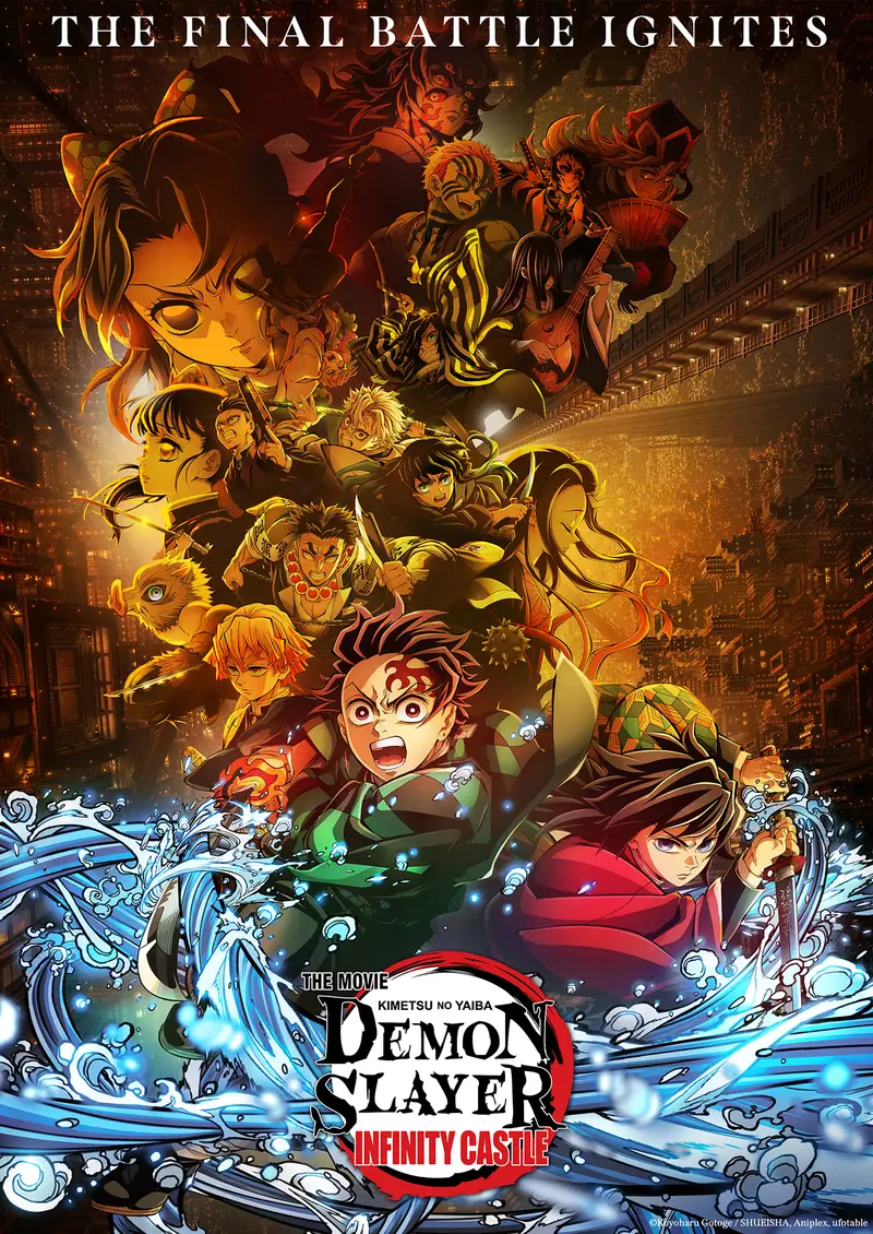 Pôster oficial de Demon Slayer: Castelo Infinito, com Tanjiro e Giyu na frente, cercados por ondas de água, e outros personagens da série ao fundo, dentro do castelo