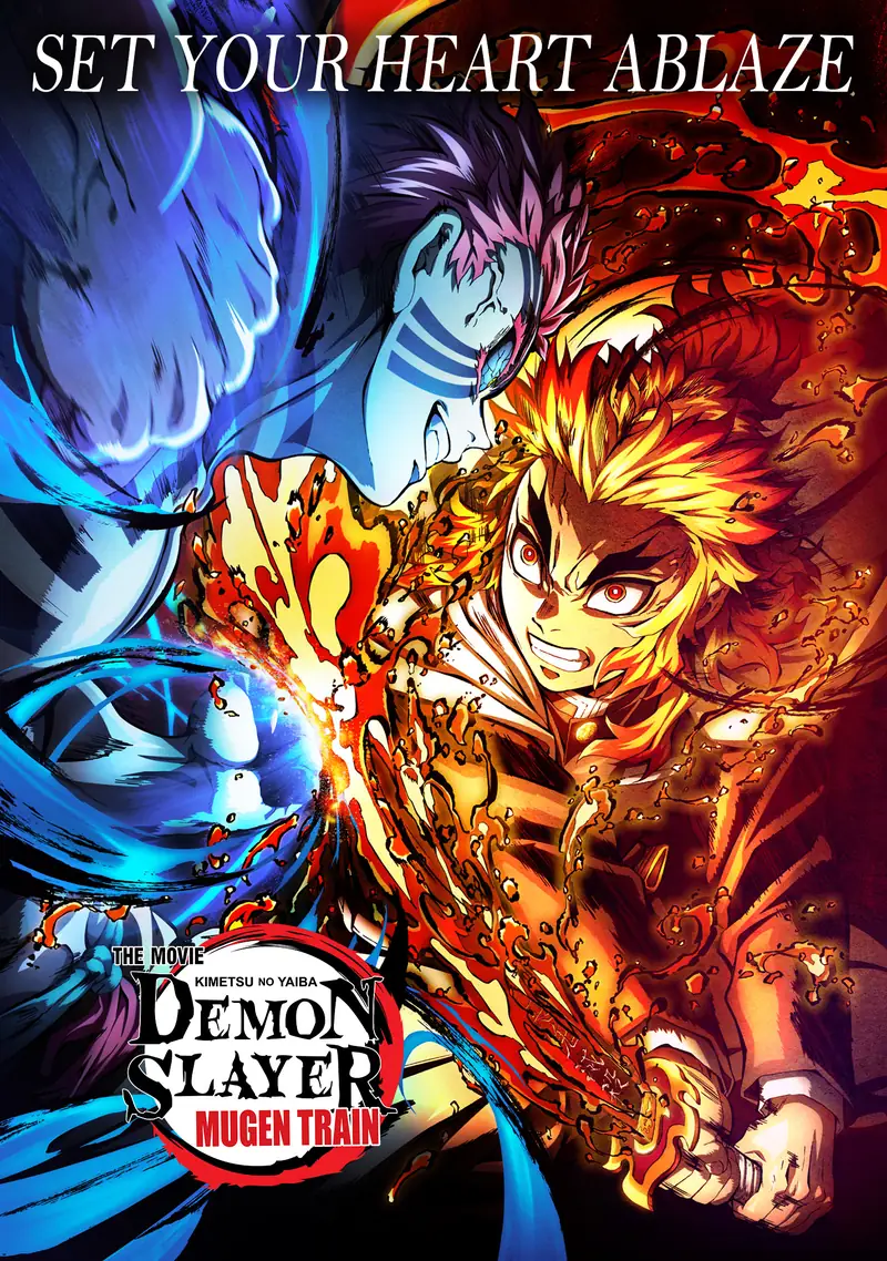 Pôster oficial de Demon Slayer: Mugen Train, com Rengoku cercado de chamas segurando a espada