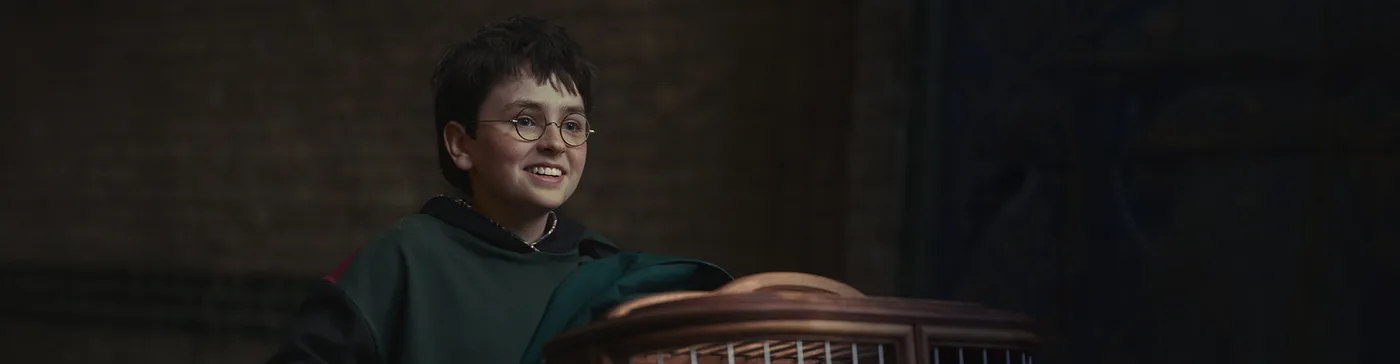 Dominic McLaughlin como Harry Potter, sorrindo, em imagem oficial do teaser da série da HBO