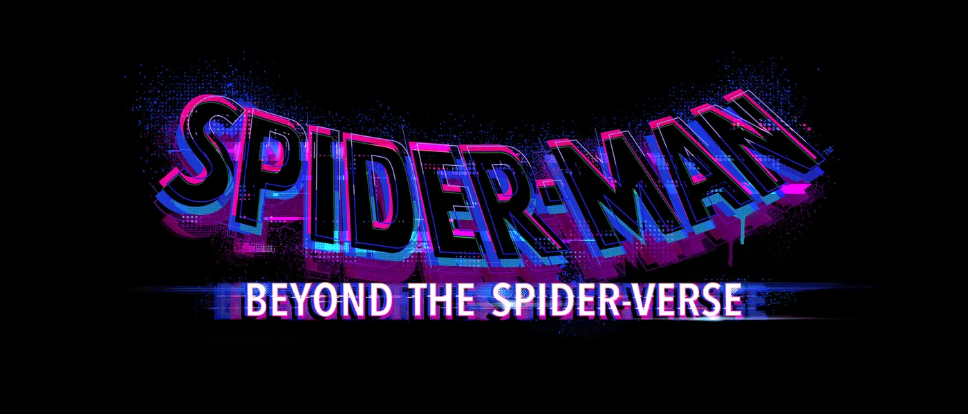 Logo oficial de Spider-Man: Beyond the Spider-Verse em rosa e azul sobre fundo preto