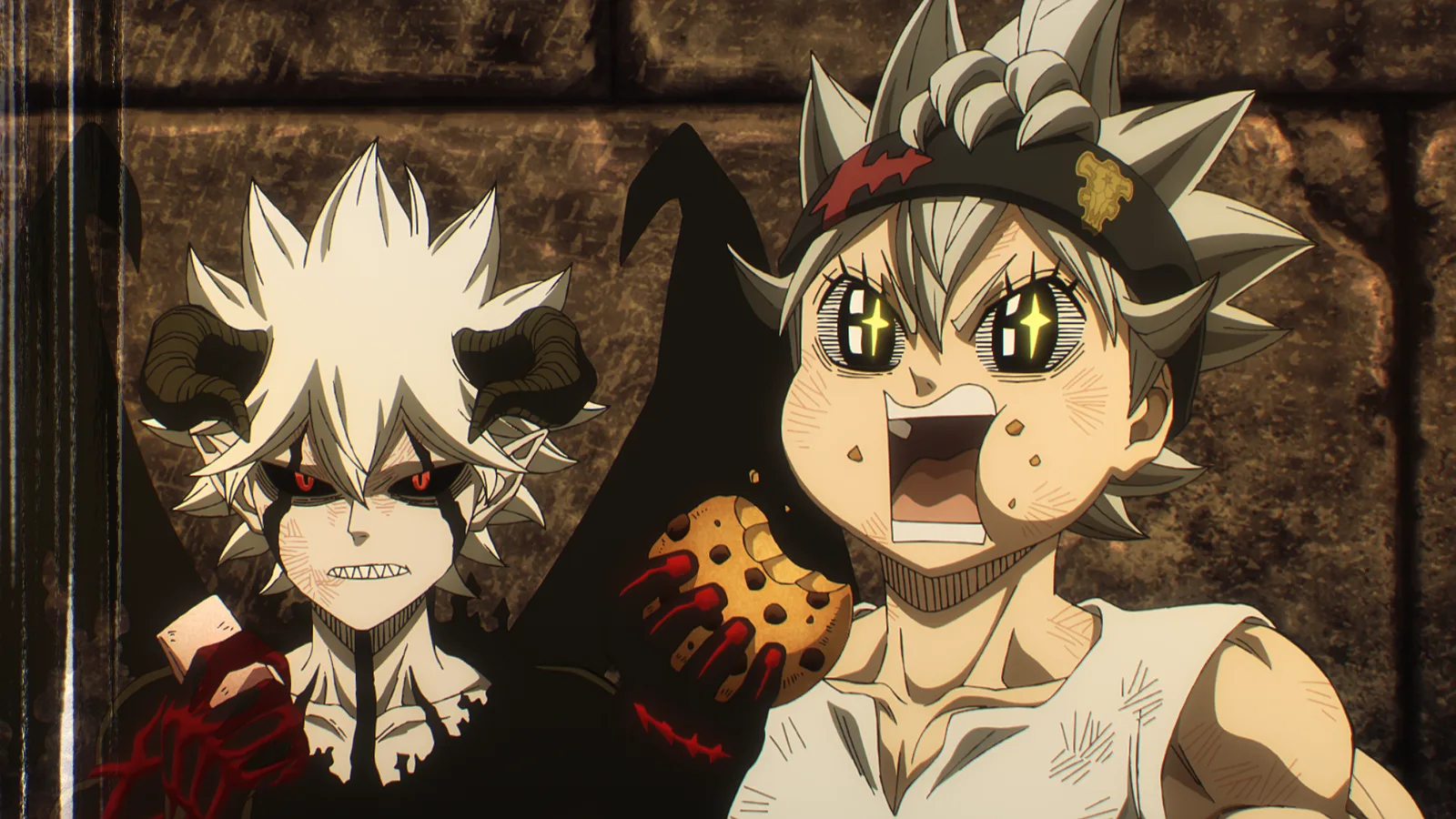 Asta comendo um biscoito com Liebe atrás dele, em cena oficial da 2ª temporada de Black Clover