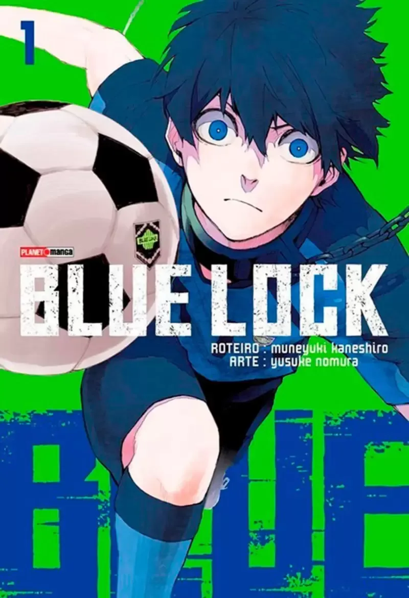 Capa do volume 1 de Blue Lock pela Panini, com o Isagi e uma bola de futebol
