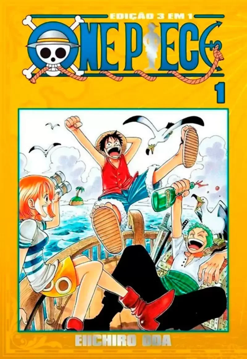 Capa do volume 1 de One Piece 3 em 1 pela Panini, com o Luffy, a Nami e o Zoro num barco
