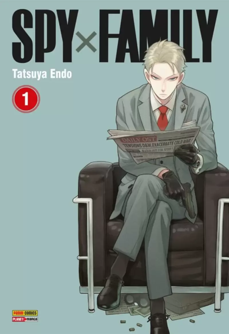 Capa do volume 1 de Spy x Family pela Panini, com o Loid sentado numa poltrona lendo jornal