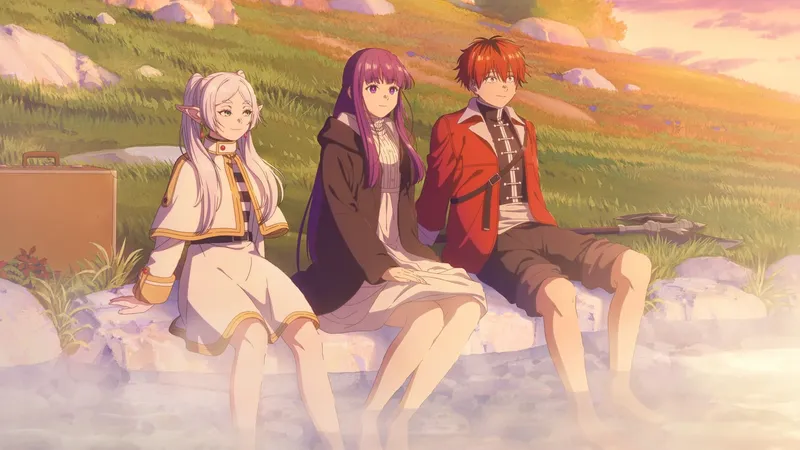 Visual oficial de Frieren: a elfa Frieren, a Fern e o Stark sentados numa pedra com os pés na água, num campo ao pôr do sol
