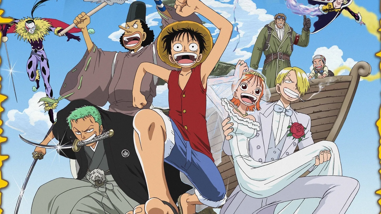 Luffy, Zoro, Usopp, Sanji e Nami vestida de noiva na arte oficial de One Piece: Aventura na Ilha Espiral