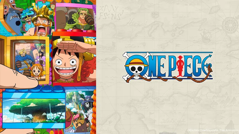 Arte oficial de One Piece com o Luffy batendo continência, o bando do Chapéu de Palha e o logo da série