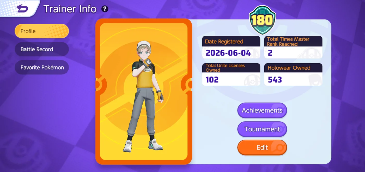 Tela de informações do Treinador no Pokémon UNITE, com conquistas e registros