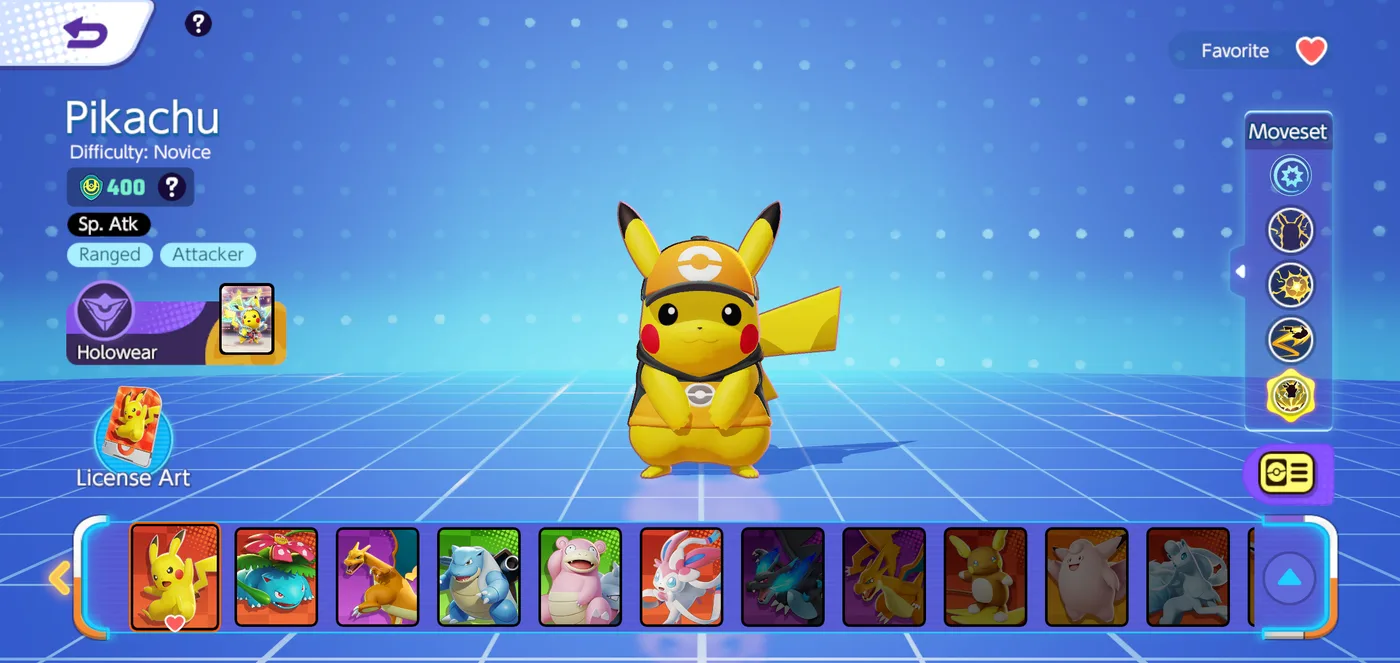 Tela da Biblioteca do Pokémon UNITE mostrando o Pikachu e as opções de Holowear
