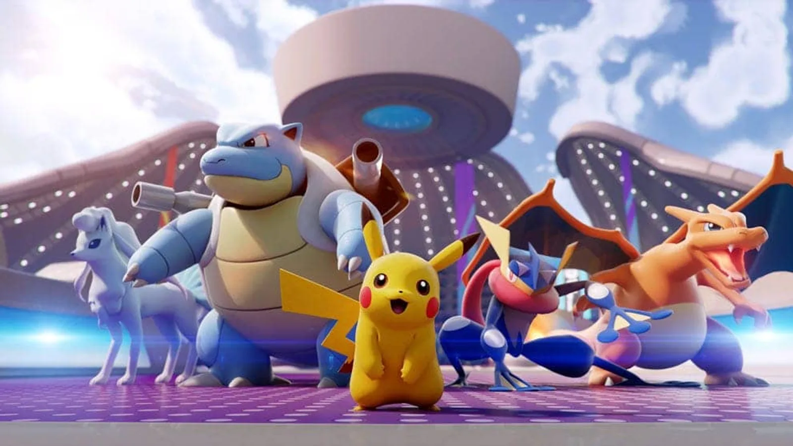 Pikachu, Blastoise, Greninja, Charizard e Ninetales de Alola lado a lado num estádio, em arte oficial de Pokémon UNITE