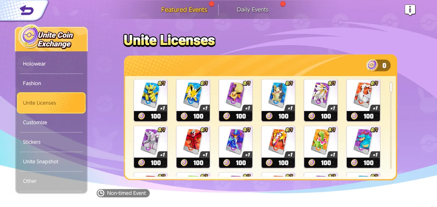 Tela da Troca de Moedas Unite no Pokémon UNITE, com itens disponíveis para troca