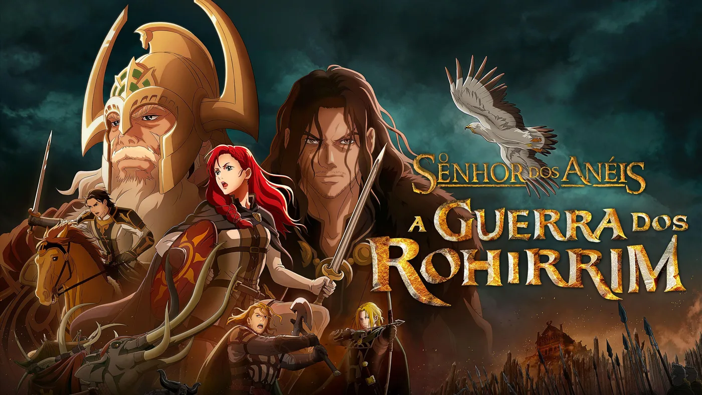 Arte oficial em anime de A Guerra dos Rohirrim, com um rei de elmo dourado, uma jovem ruiva de espada na mão e guerreiros de Rohan