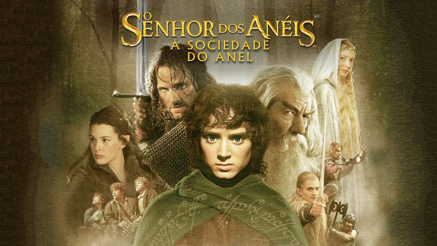 Frodo no centro, com Aragorn, Gandalf, Arwen, Galadriel, Legolas e os hobbits em volta, na arte oficial de O Senhor dos Anéis: A Sociedade do Anel