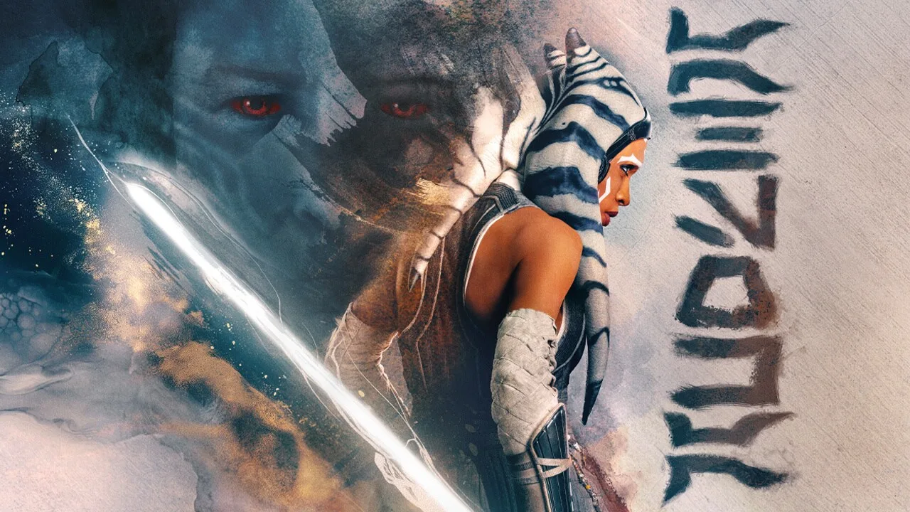 Arte oficial da 2ª temporada de Ahsoka, com a Ahsoka Tano de perfil, um sabre de luz branco e o rosto do Grão-Almirante Thrawn ao fundo